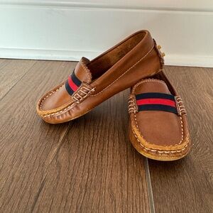 Brown Kids Leather Moccasin Loafers with Red & Navy Stripe